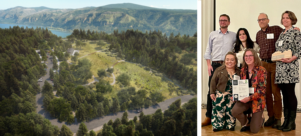 (Left) Conceptual rendering of Cape Horn site by Mayer/Reed, (Right) Gorge Accessibility Project design team wins ASLA Oregon Green Ribbon Merit Award for pro bono work